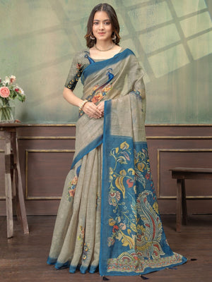 Rajwada Beige Cotton Blend Printed Saree For Women