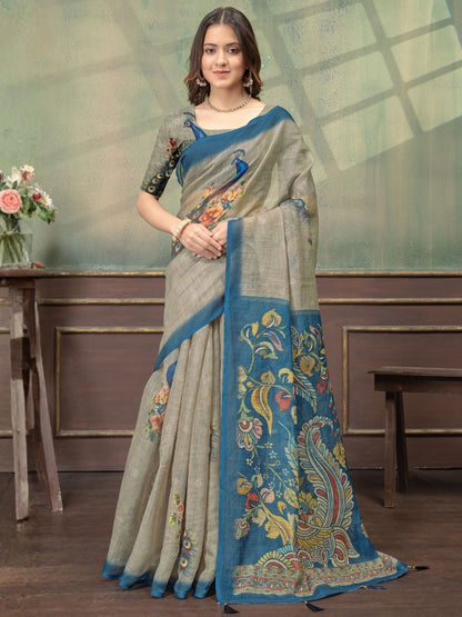 Rajwada Beige Cotton Blend Printed Saree For Women
