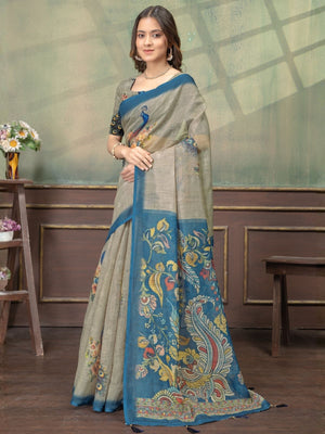 Rajwada Beige Cotton Blend Printed Saree For Women