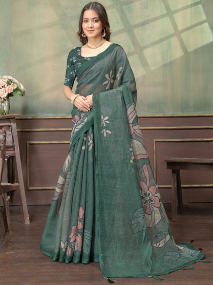 Rajwada Deep Green Cotton Blend Printed Saree For Women