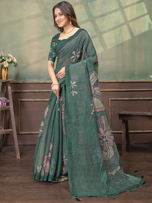 Rajwada Deep Green Cotton Blend Printed Saree For Women