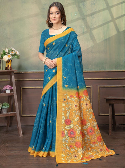 Rajwada Teal Blue Cotton Blend Printed Saree For Women