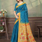 Rajwada Teal Blue Cotton Blend Printed Saree For Women