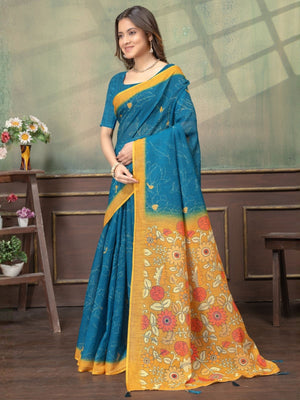 Rajwada Teal Blue Cotton Blend Printed Saree For Women