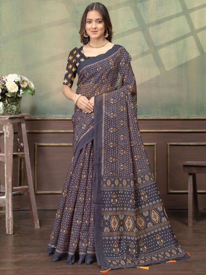Rajwada Dark Grey Cotton Blend Printed Saree For Women
