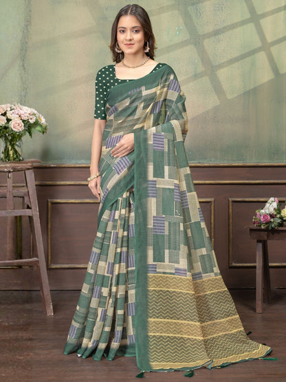Rajwada Sage Green Cotton Blend Printed Saree For Women