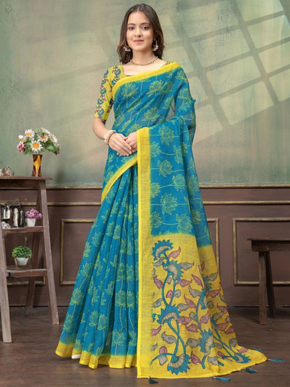 Rajwada Teal Blue Cotton Blend Printed Saree For Women
