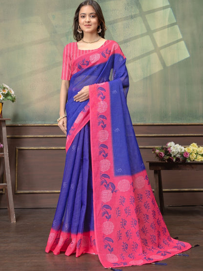 Rajwada Royal Blue And Pink Cotton Blend Printed Saree For Women
