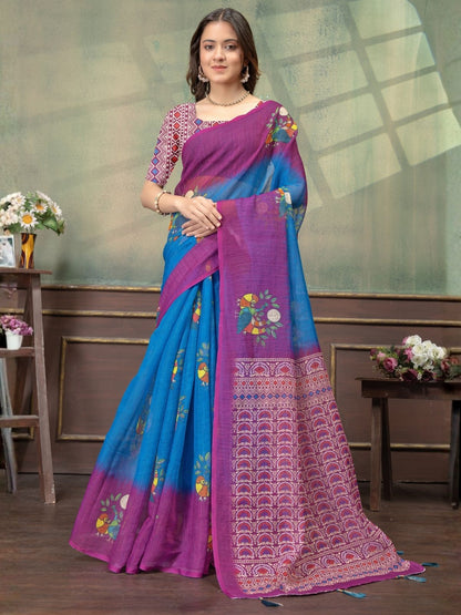 Rajwada Blue And magenta Cotton Blend Printed Saree For Women