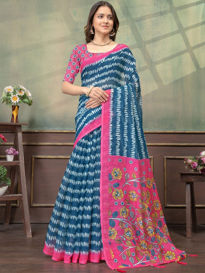Rajwada Teal Blue Cotton Blend Printed Saree For Women