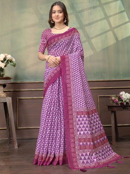 Rajwada Lavender Cotton Blend Printed Saree For Women