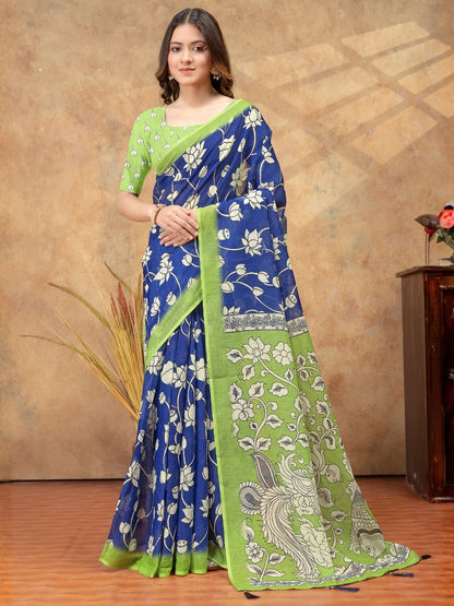 Rajwada Navy Blue Cotton Blend Printed Saree For Women
