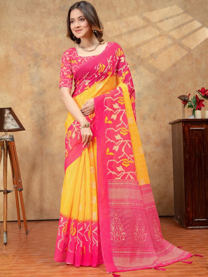 Rajwada Yellow And Pink Cotton Blend Printed Saree For Women