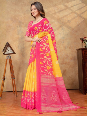Rajwada Yellow And Pink Cotton Blend Printed Saree For Women