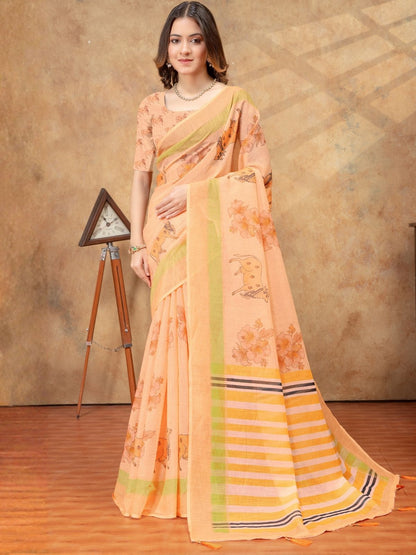 Rajwada Peach Cotton Blend Printed Saree For Women