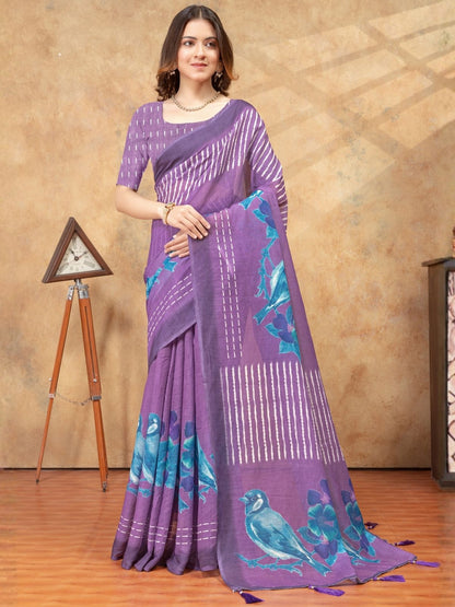 Rajwada Lavender Cotton Blend Printed Saree For Women