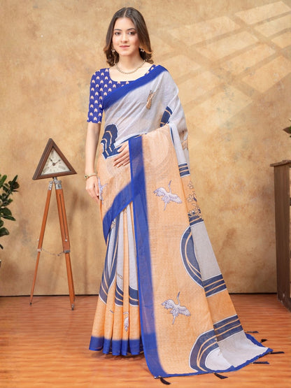 Rajwada Light Grey And Peach Cotton Blend Printed Saree For Women