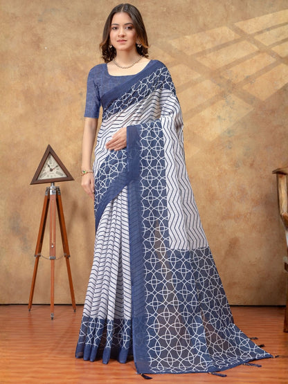 Rajwada Off White And Navy Blue Cotton Blend Printed Saree For Women