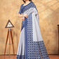 Rajwada Off White And Navy Blue Cotton Blend Printed Saree For Women