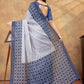 Rajwada Off White And Navy Blue Cotton Blend Printed Saree For Women