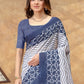 Rajwada Off White And Navy Blue Cotton Blend Printed Saree For Women