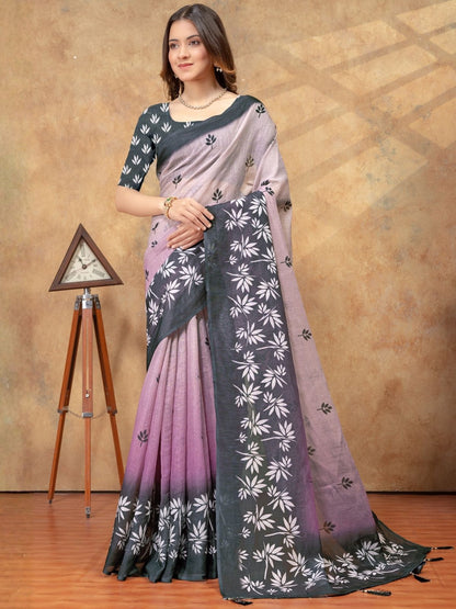 Rajwada Lilac Cotton Blend Printed Saree For Women