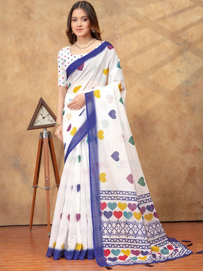Rajwada White Cotton Blend Printed Saree For Women