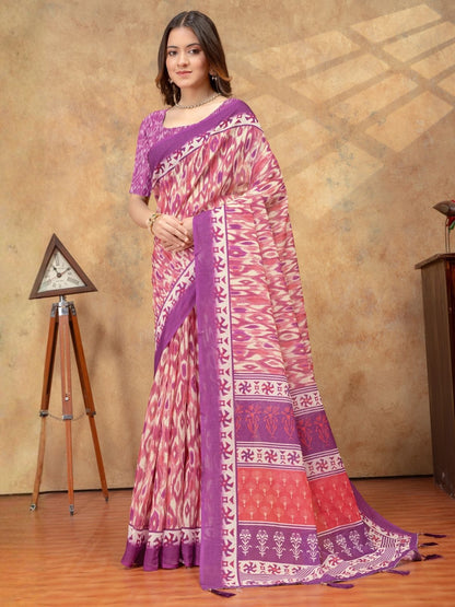 Rajwada Pink And Purple Cotton Blend Printed Saree For Women