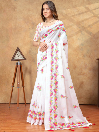 Rajwada White Cotton Blend Printed Saree For Women