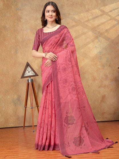 Rajwada Pink Cotton Blend Printed Saree For Women