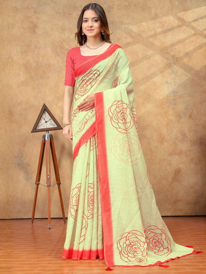 Rajwada Pista Green Cotton Blend Printed Saree For Women
