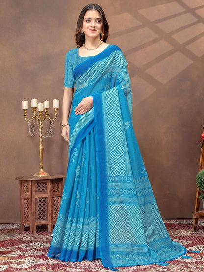 Rajwada Blue Cotton Blend Printed Saree For Women