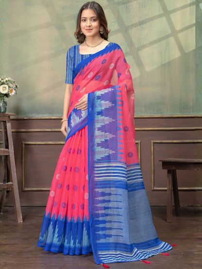 Rajwada Pink And Blue Cotton Blend Printed Saree For Women