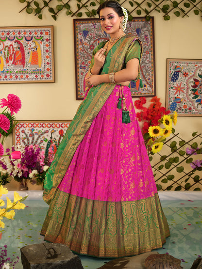 Rajwada Women Pink Silk Woven Semi Stitched Lehenga With Unstitched Blouse