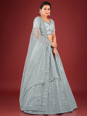 Rajwada Women Grey Net Embroidered Stitched Lehenga With Unstitched Blouse