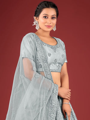 Rajwada Women Grey Net Embroidered Stitched Lehenga With Unstitched Blouse
