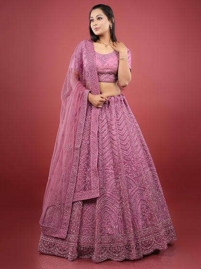 Rajwada Women Pink Net Embellished Semi Stitched Lehenga With Unstitched Blouse