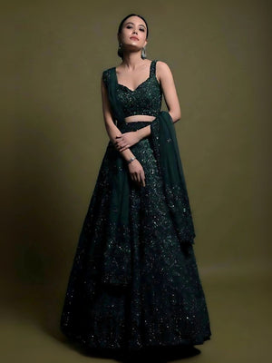 Rajwada Dark Green Net Embellished Semi-Stitched Lehenga For Women