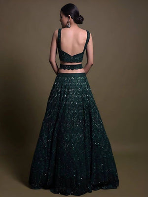 Rajwada Dark Green Net Embellished Semi-Stitched Lehenga For Women