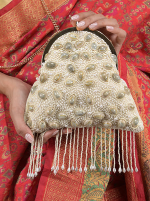 Rajwada Off White Shells and Beads Embroidered Batua for Women