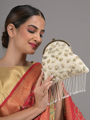 Odette Off White Shells and Beads Embroidered Batua for Women