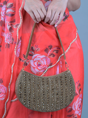 Rajwada Bronze Stone and Beads Embroidered Half Moon Hand Bag for Women