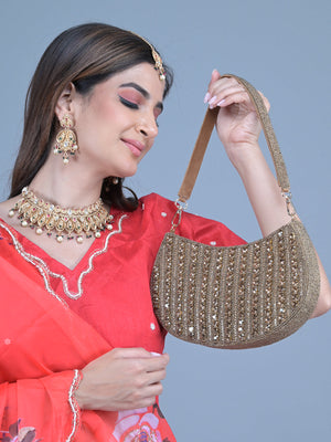 Rajwada Bronze Stone and Beads Embroidered Half Moon Hand Bag for Women