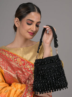 Rajwada Black Beads Embroidered Tassels Potli Bag for Women