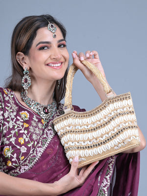 Rajwada Gold Shells and Beads Embroidered Clutch for Women