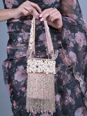 Rajwada Peach Shell and Beads Embroidered Cylindrical Tassels Clutch for Women