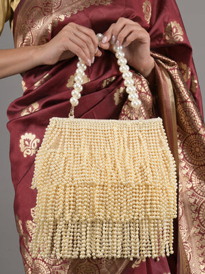 Rajwada Cream Full Pearls Embroidered Tassels Hand Bag for Women
