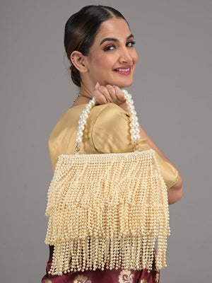 Odette Cream Full Pearls Embroidered Tassels Hand Bag for Women
