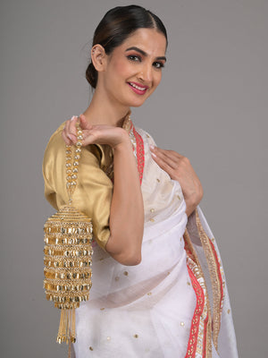 Rajwada Gold Embellished Cylindrical Metal Clutch for Women