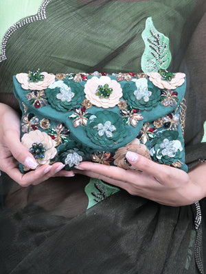 Rajwada Dark Green Floral Embroidered Clutch for Women